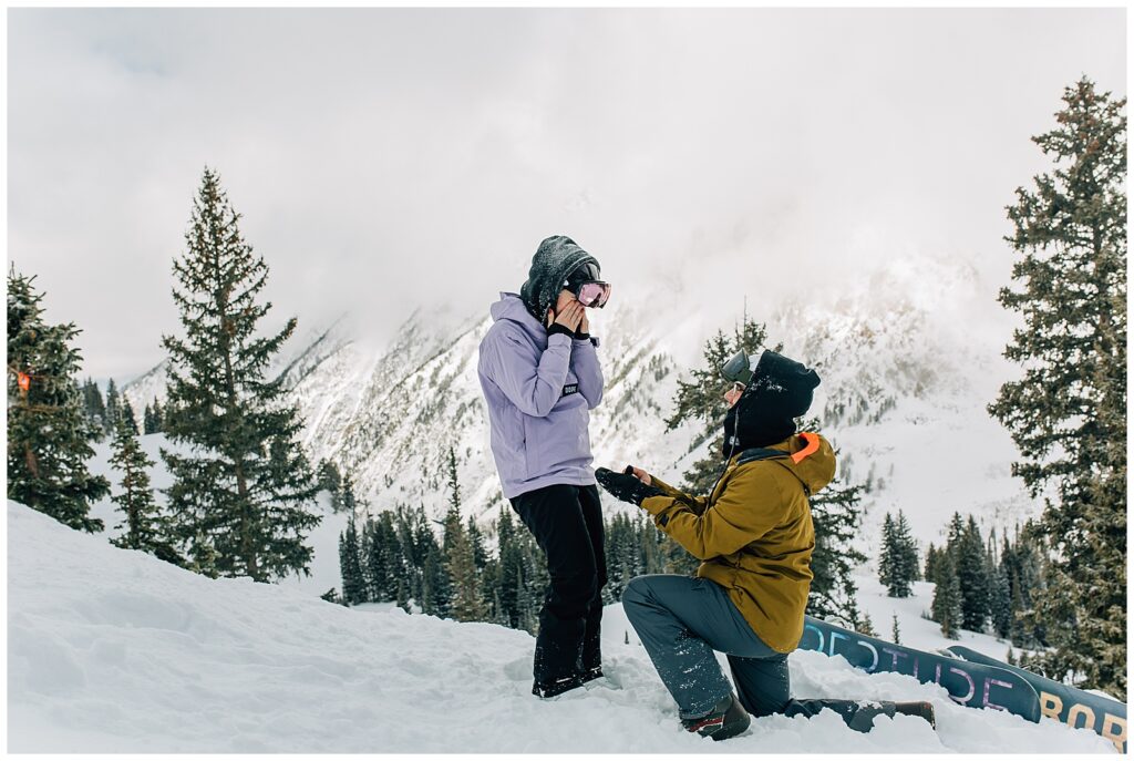 Utah Ski Snowboard Mountain Proposal Photography Caili Chung Snowbird