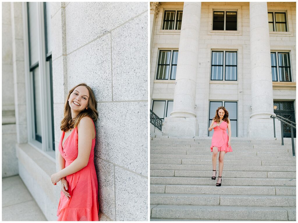 Elegant senior photo in natural light at Utah Capitol’s