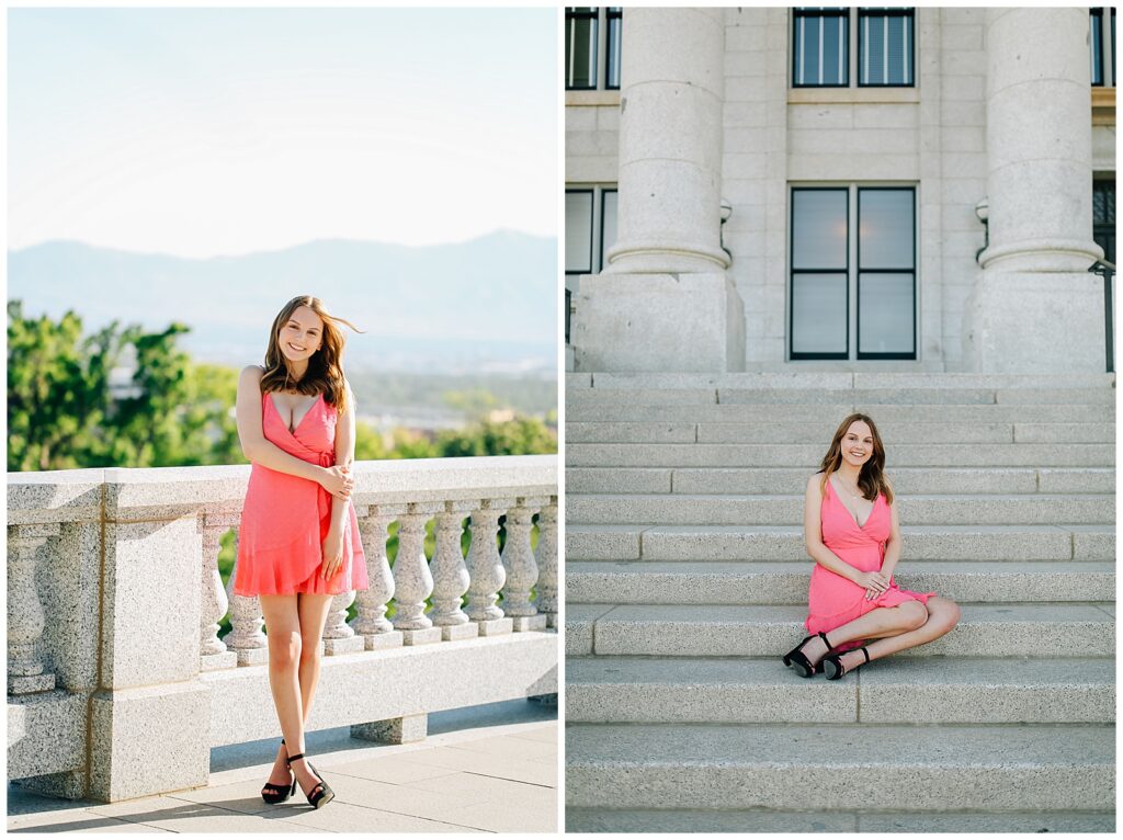 Elegant senior photo in natural light at Utah Capitol’s