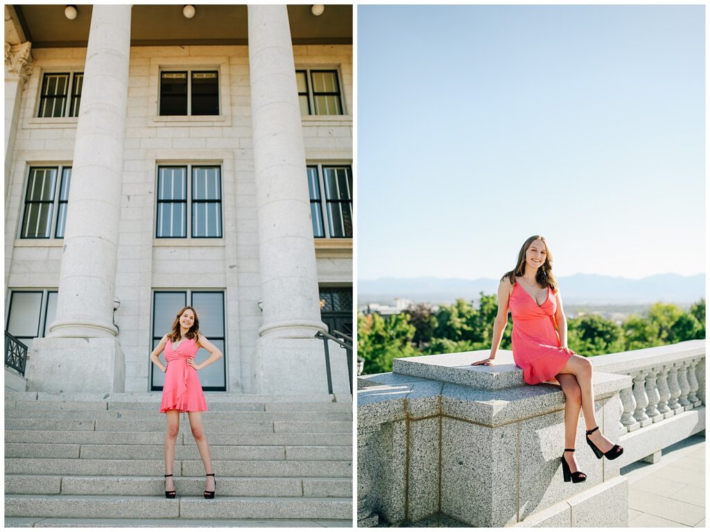 Elegant senior photo in natural light at Utah Capitol’s