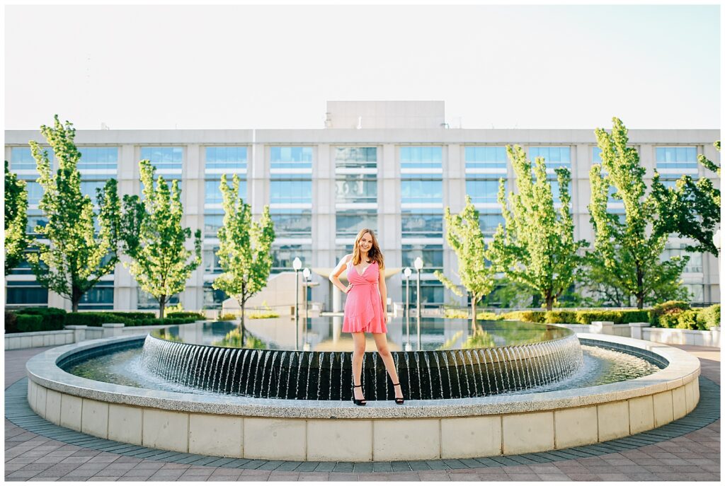 Elegant senior photo in natural light at Utah Capitol’s