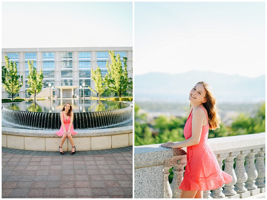 Elegant senior photo in natural light at Utah Capitol’s