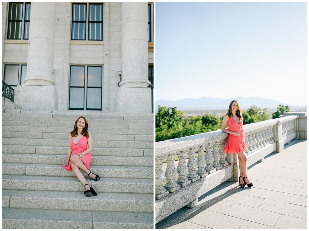 Elegant senior photo in natural light at Utah Capitol’s