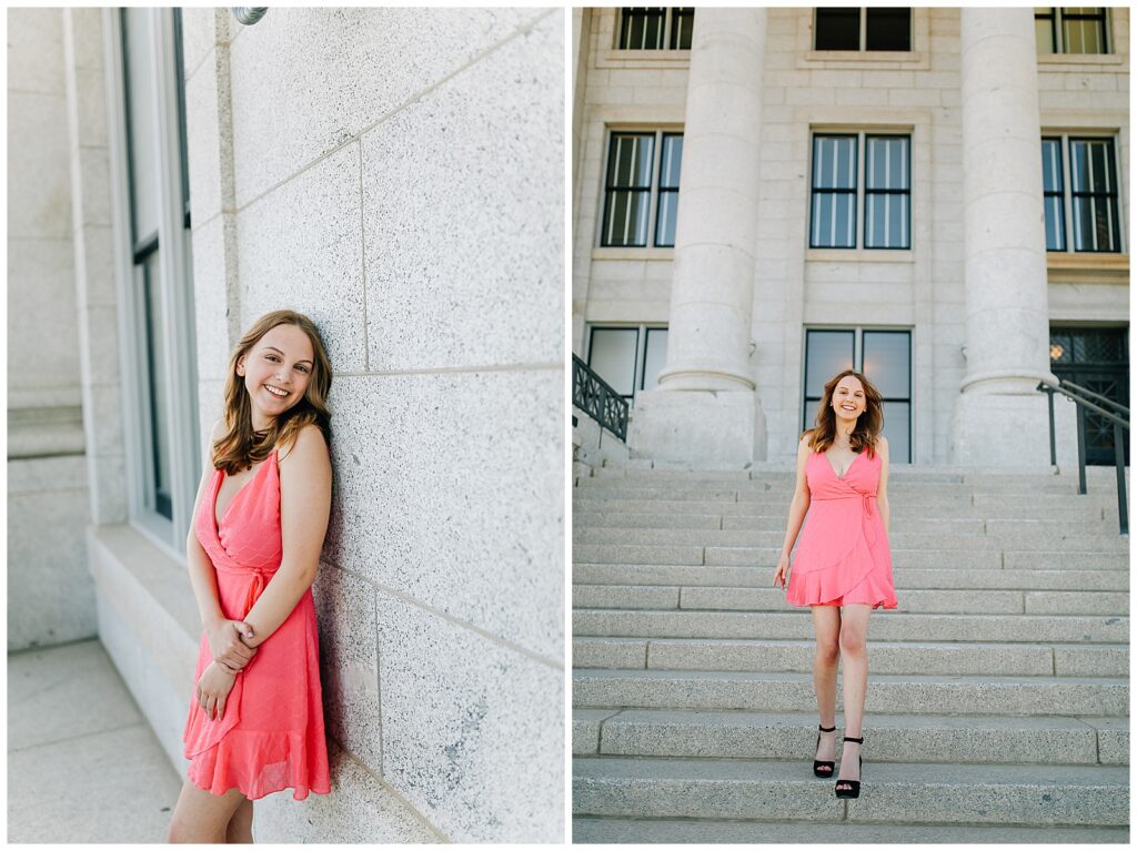 Elegant senior photo in natural light at Utah Capitol’s