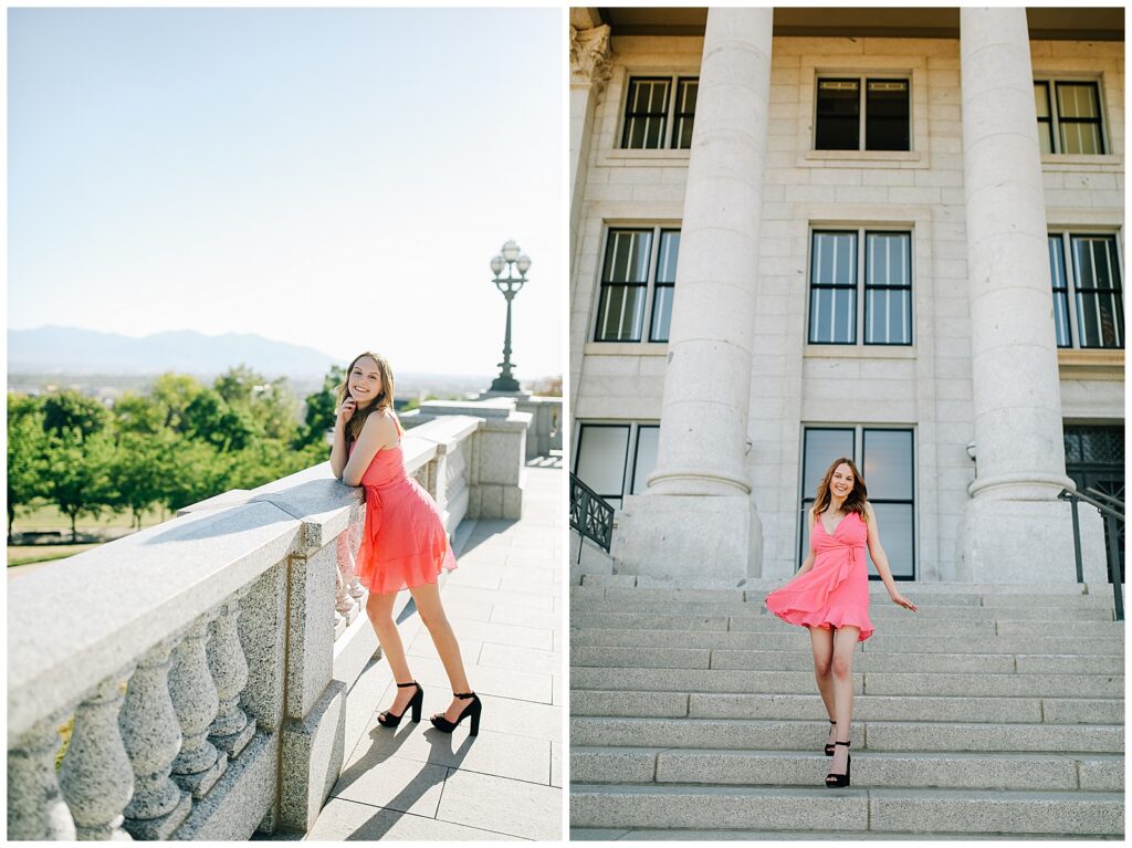 Elegant senior photo in natural light at Utah Capitol’s