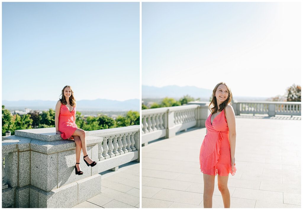 Elegant senior photo in natural light at Utah Capitol’s
