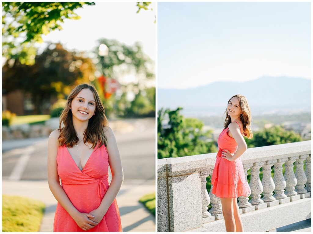 Elegant senior photo in natural light at Utah Capitol’s
