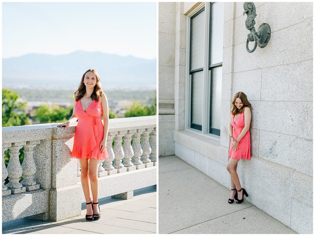 Elegant senior photo in natural light at Utah Capitol’s