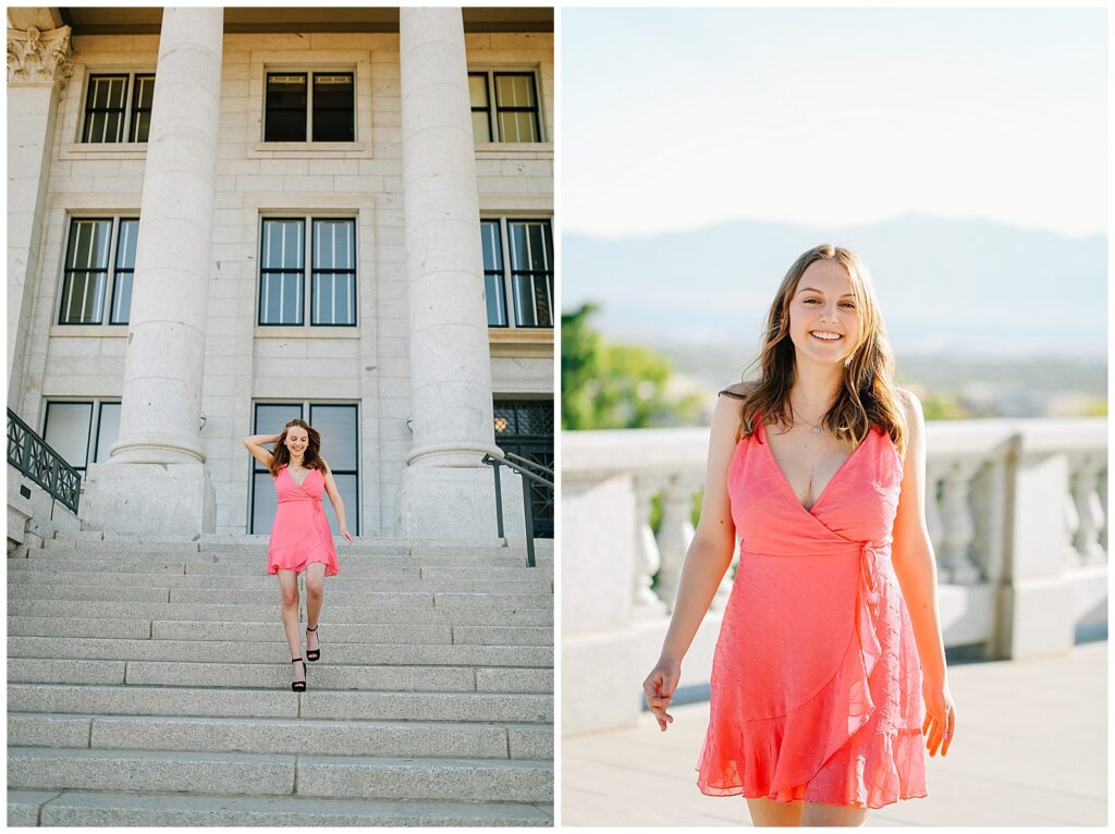 Elegant senior photo in natural light at Utah Capitol’s