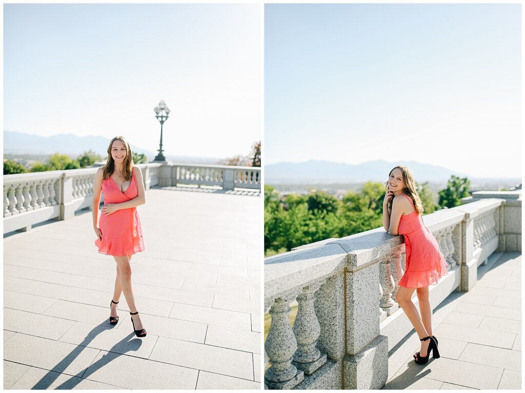 Elegant senior photo in natural light at Utah Capitol’s