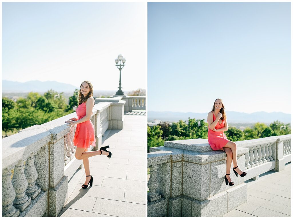 Elegant senior photo in natural light at Utah Capitol’s