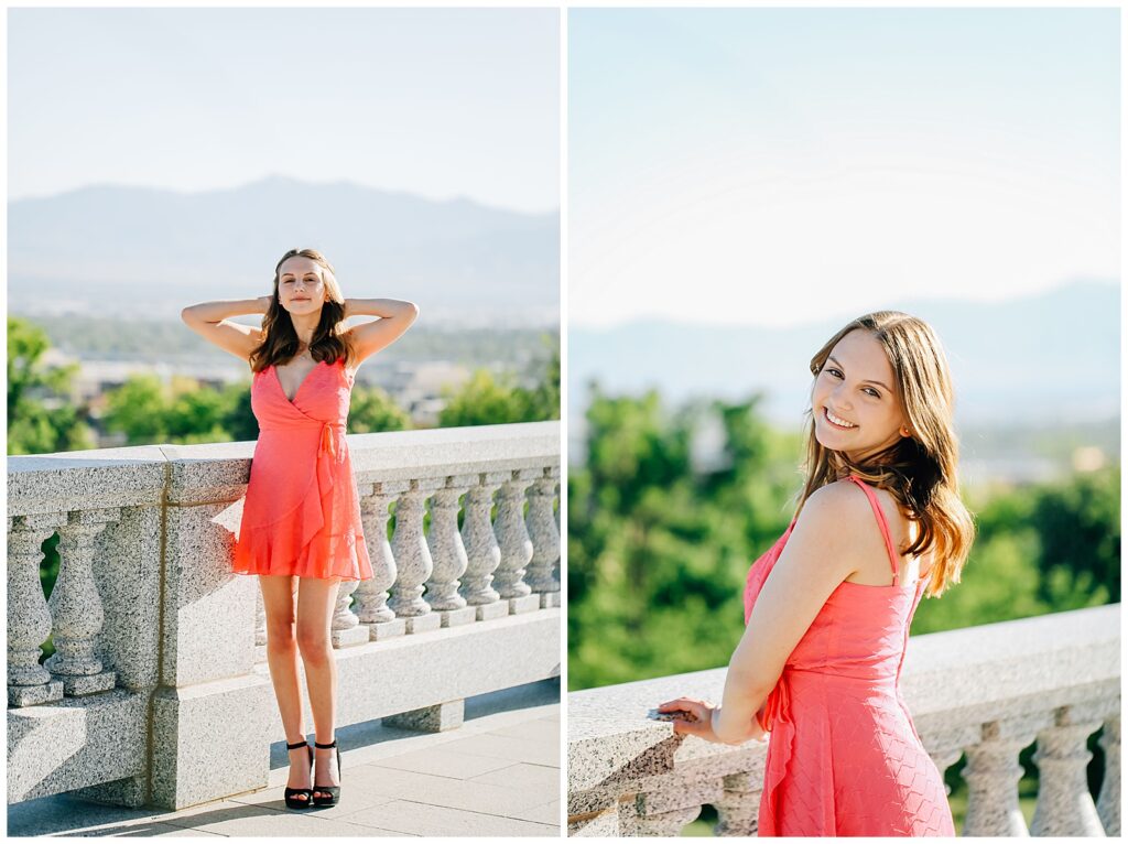 Elegant senior photo in natural light at Utah Capitol’s